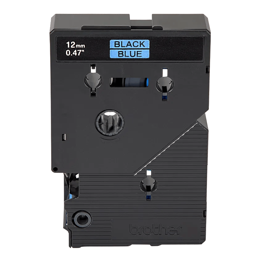 Brother 12mm label tape cartridge with black text on blue background