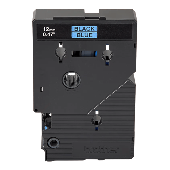 Brother 12mm label tape cartridge with black text on blue background