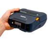 Brother RJ4230BL portable thermal printer held in hand with LCD display and orange release button