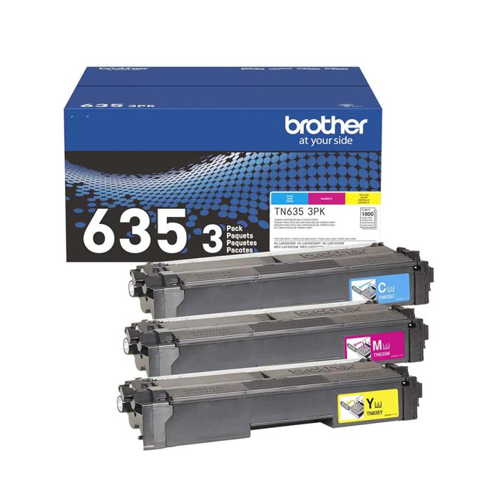 Brother TN635 3-pack high-yield toner cartridges in cyan, magenta, and yellow with packaging