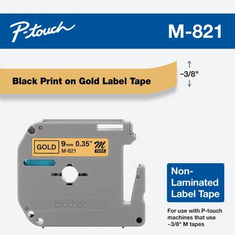 Brother P-touch M-821 non-laminated label tape cartridge with black print on gold, 3/8-inch