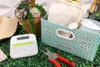 Brother label maker with labeled turquoise garden caddy, red pruners, and potted succulents