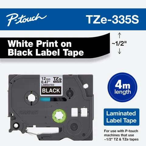 Brother P-touch TZe-335S laminated label tape cartridge with white print on black, 1/2 inch width