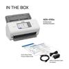 Brother ADS-4700W wireless desktop scanner with touchscreen, cables, and setup guides