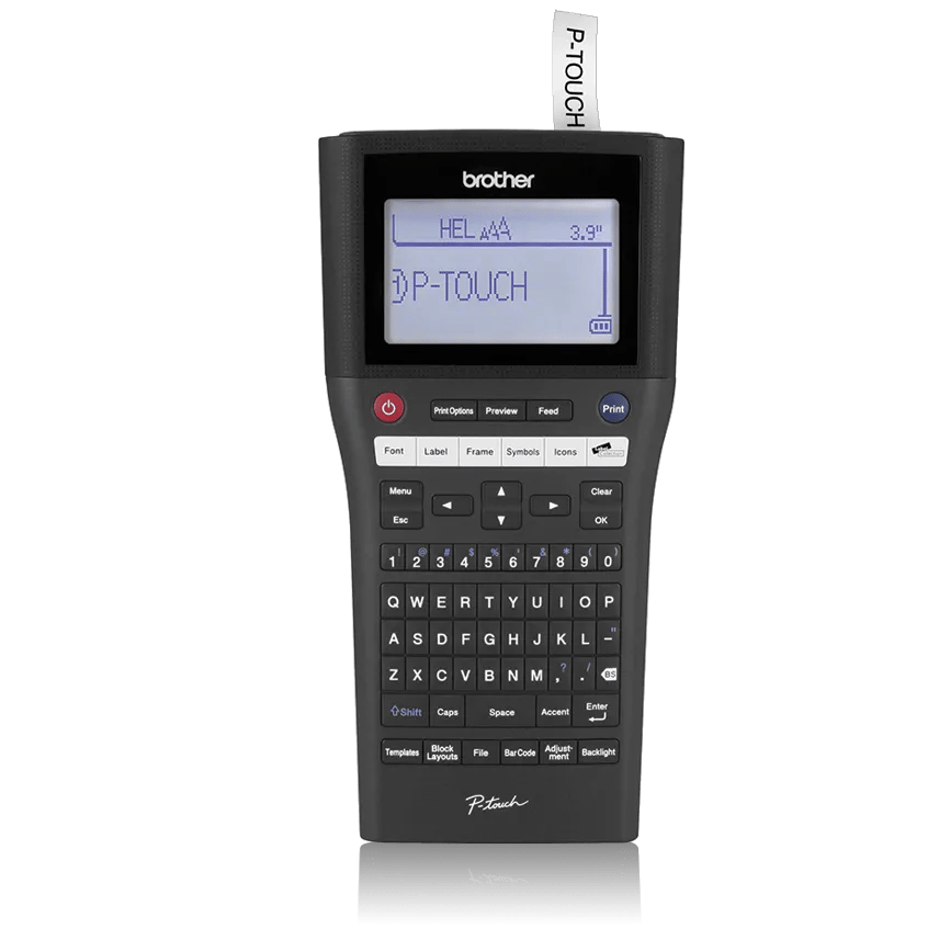 Brother P-touch handheld label maker with backlit display and QWERTY keyboard