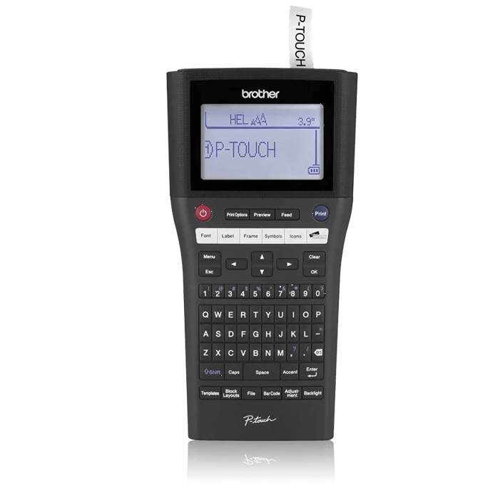 Brother P-touch handheld label maker with backlit display and QWERTY keyboard