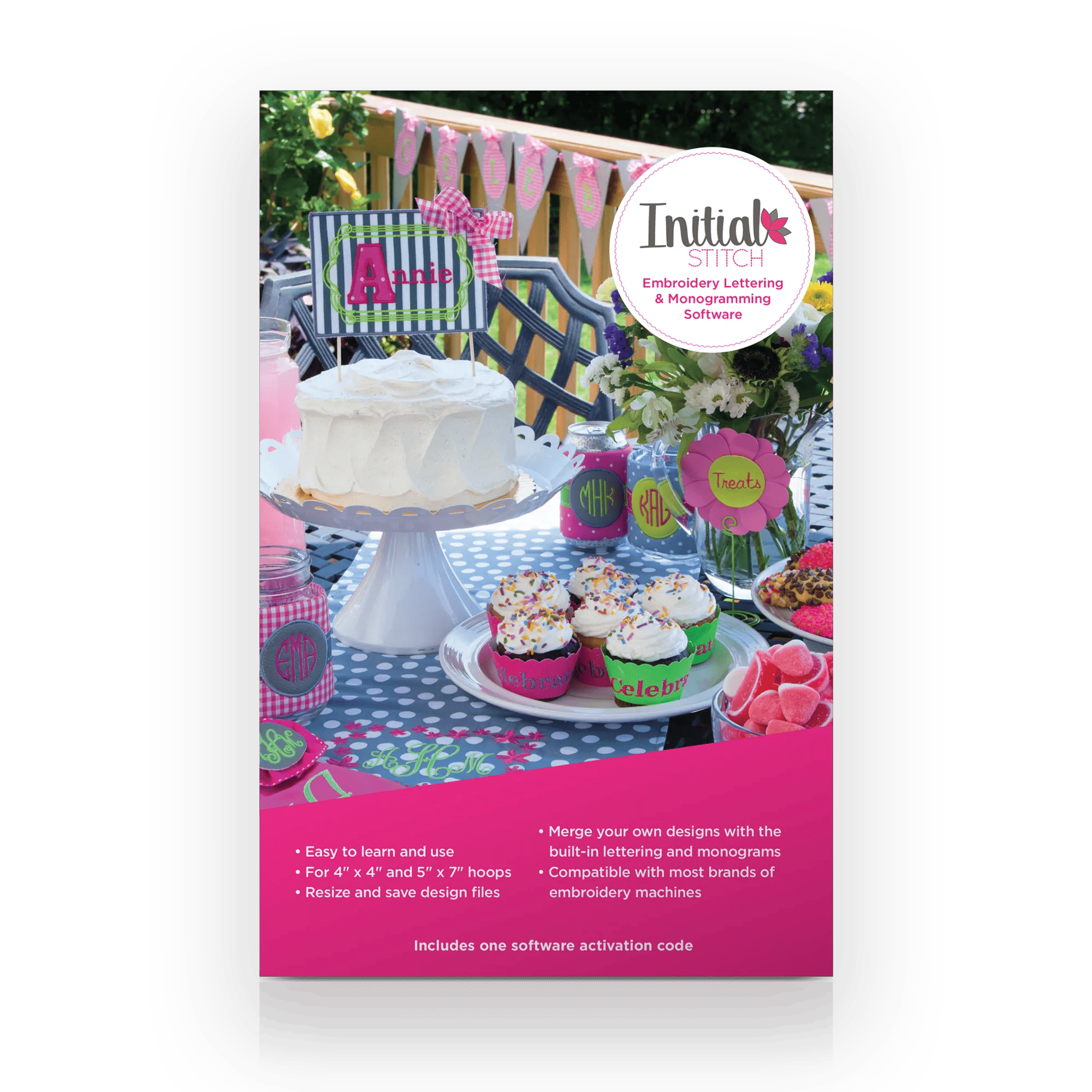 Brother Initial Stitch embroidery software package with personalized party decorations display