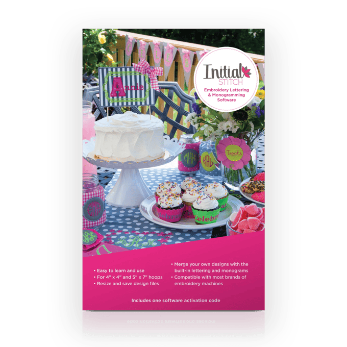 Brother Initial Stitch embroidery software package with personalized party decorations display
