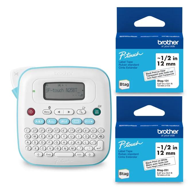 Brother P-touch PT-N25BT Personal Handheld Label Maker + Brother Genuine Btag231 Black on White and Btag131 Black on Clear– 12 mm wide x 4 m long Label Tape, , large