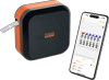 Brother P-touch EDGE label maker with cable wrap and smartphone app displaying asset labels