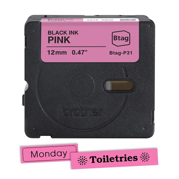 Brother Btag labeling tape cartridge in pink with black ink, 12mm width