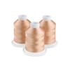 Three tan embroidery thread spools on white bases for sewing and crafting projects