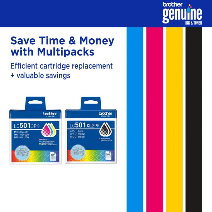 Brother LC501 ink cartridge multipacks in color and black with cyan, magenta, yellow, and black bars