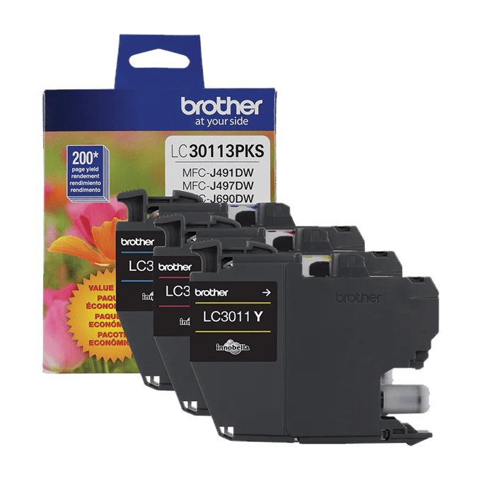 Brother LC30113PKS ink cartridge 3-pack with 200+ page yield for MFC-J491DW, MFC-J497DW, MFC-J690DW
