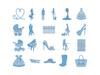 Blue decorative silhouette patterns including dresses, shoes, baby carriages, and fashion accessories