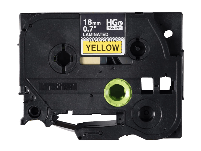 Brother HGe-641 18mm laminated label tape cartridge with yellow high-grade labeling surface