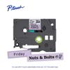 Brother P-touch TZe laminated tape cassette in pastel purple with sample labels