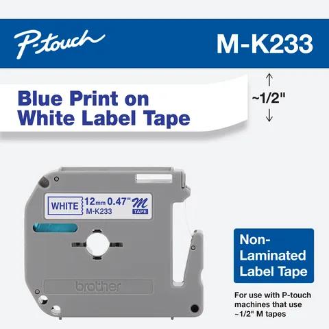 Brother M-K233 non-laminated label tape cartridge with blue text on white, 0.47-inch width