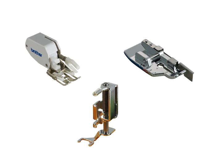 Brother sewing machine presser feet set with walking foot, blind hem foot, and button sewing foot