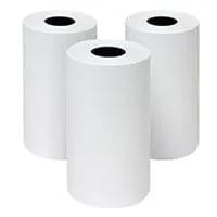 Three white thermal paper rolls for receipt printing