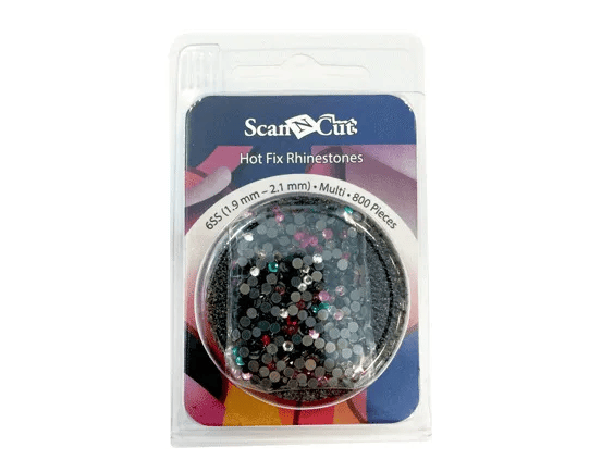 Brother ScanNCut hot-fix rhinestones in multi-color assortment, packaged in circular container