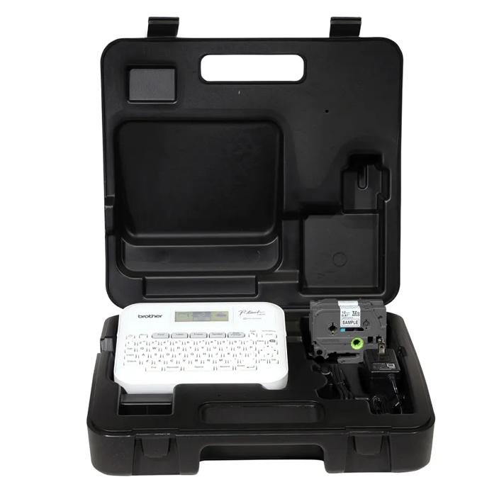 Brother PT-D410VP portable label maker with QWERTY keyboard in hard-shell carrying case