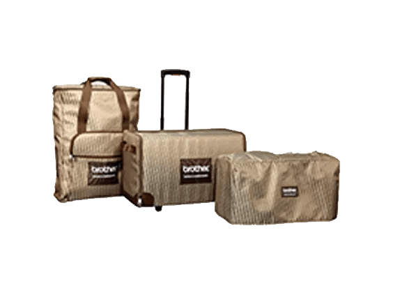 Brother sewing machine carrying case set with rolling bag and storage totes in beige