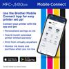 Brother MFC-J1410DW all-in-one printer displayed on smartphone with Mobile Connect app interface