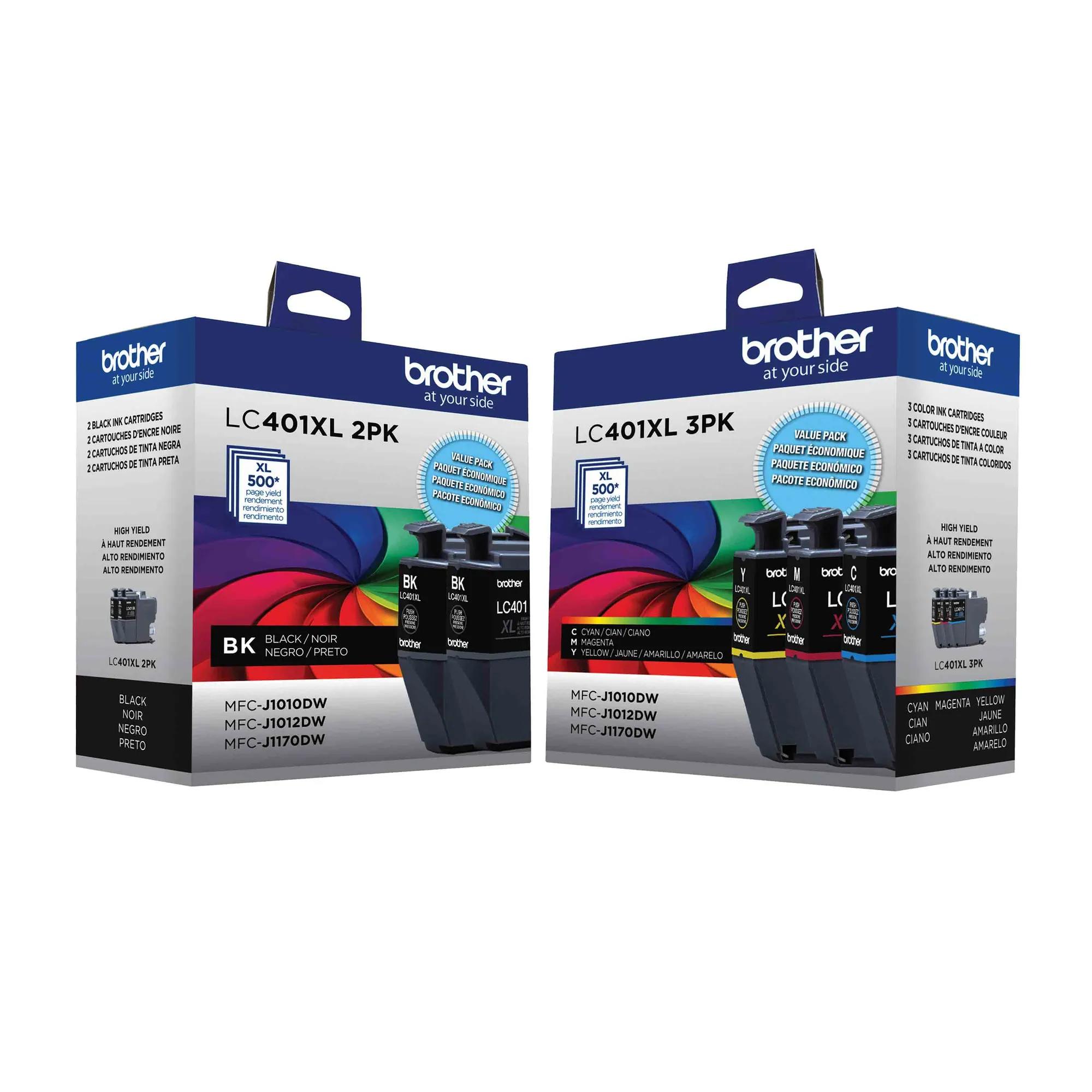 Brother LC401XL high-yield ink cartridge value packs in 2-pack and 3-pack configurations