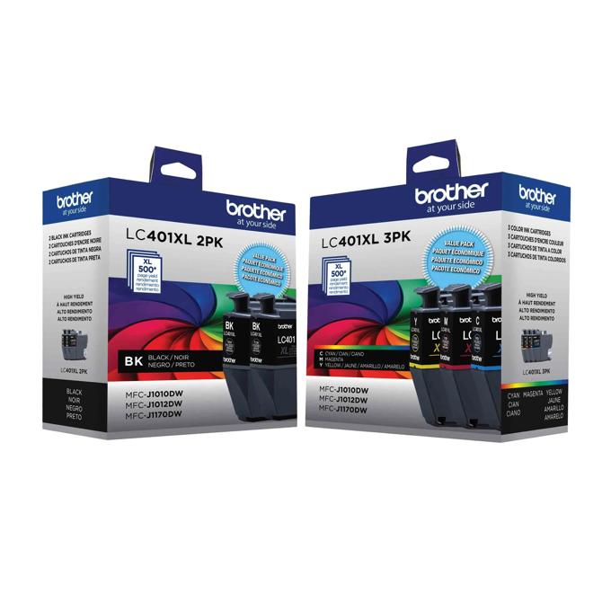 Brother LC401XL high-yield ink cartridge value packs in 2-pack and 3-pack configurations