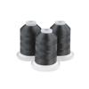 Three dark gray embroidery thread spools on white bases