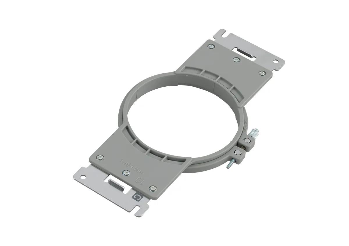 Brother PRPRF100 embroidery hoop frame mounting bracket in gray with circular clamp design