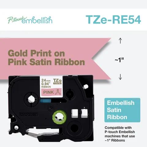 Brother TZe-RE54 embellish satin ribbon cartridge with gold print on pink, 24mm wide