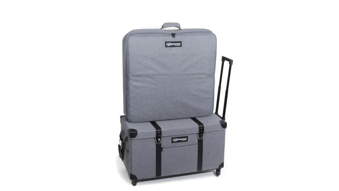 Gray rolling luggage case with detachable top compartment and telescoping handle
