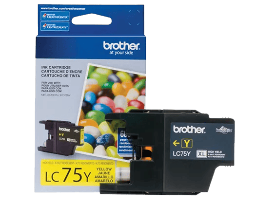 Brother LC75Y yellow ink cartridge with packaging showing high-yield capacity