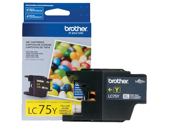 Brother LC75Y yellow ink cartridge with packaging showing high-yield capacity