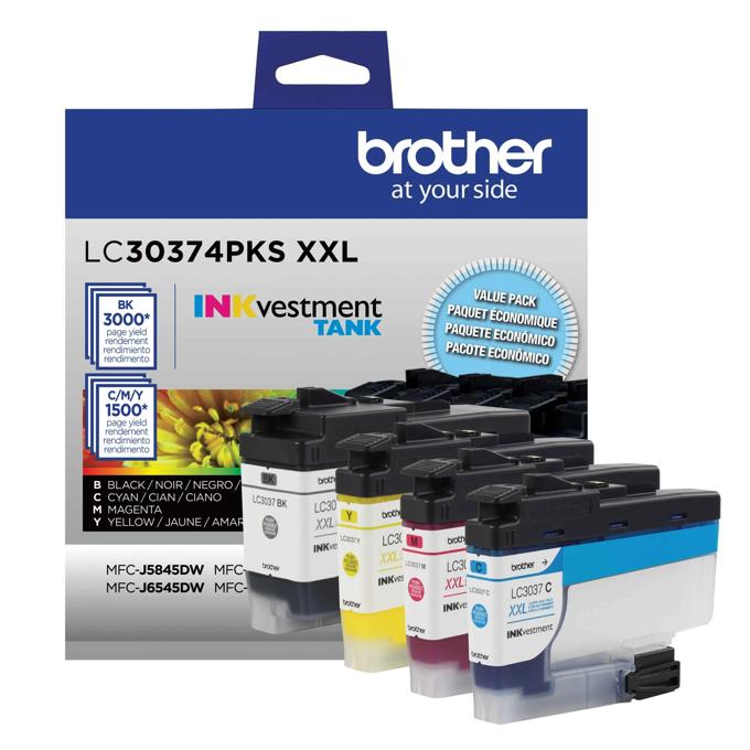Brother LC30374PKS XXL INKvestment Tank cartridges in black, cyan, magenta, and yellow