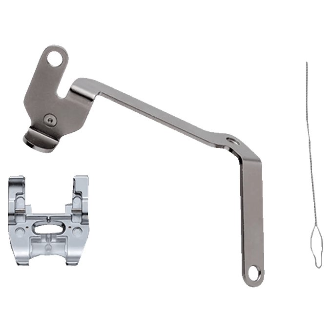 Brother SA200 serger accessory kit with presser foot, needle threader, and metal tool