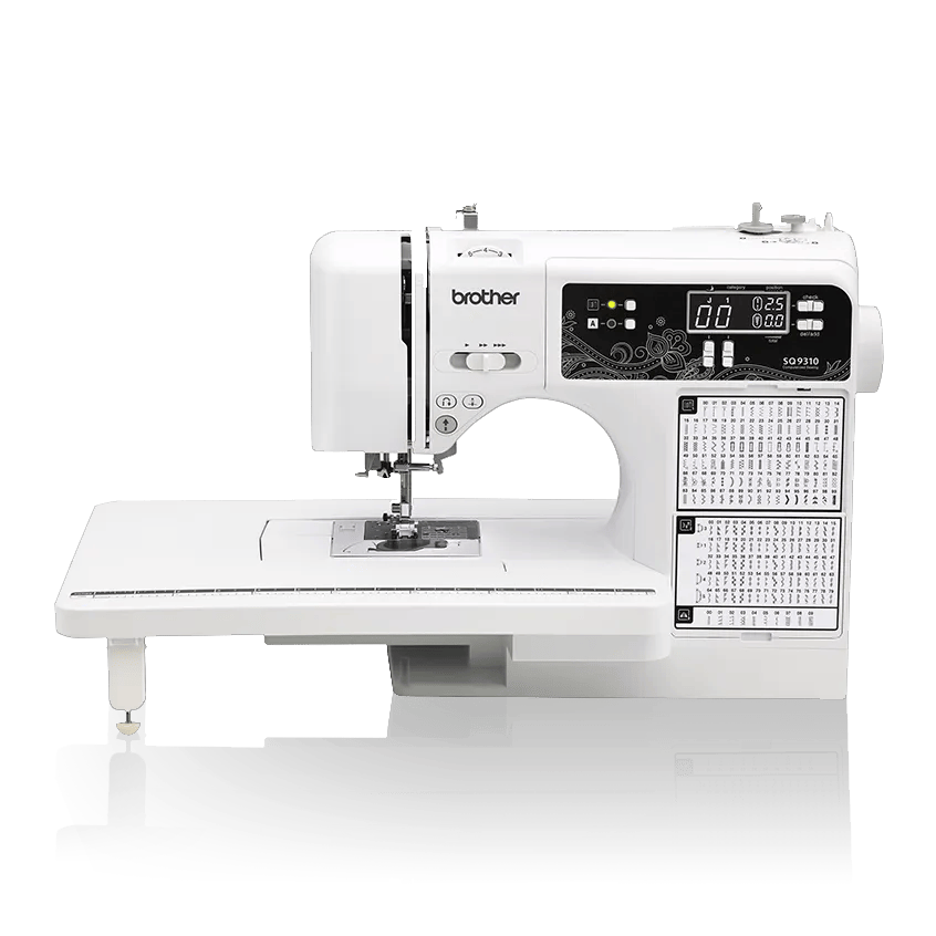 Brother SQ9310 computerized sewing and quilting machine with digital display and stitch charts