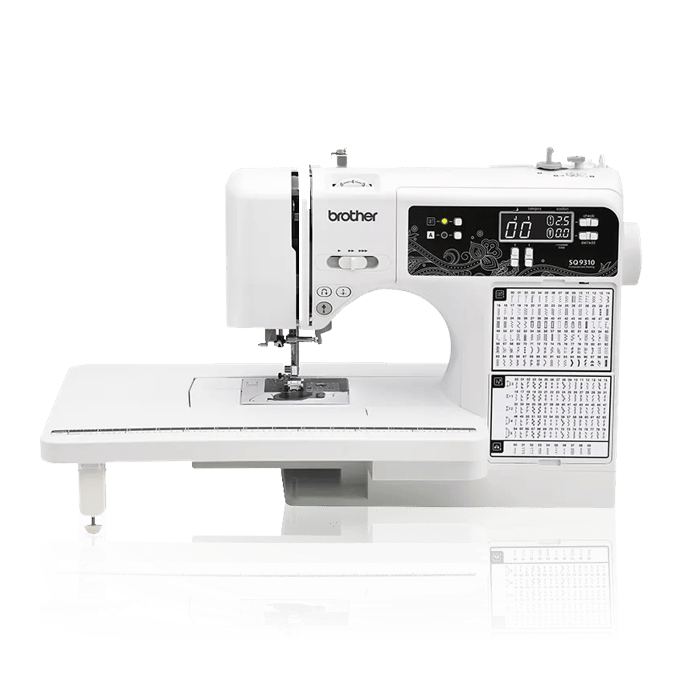 Brother SQ9310 computerized sewing and quilting machine with digital display and stitch charts