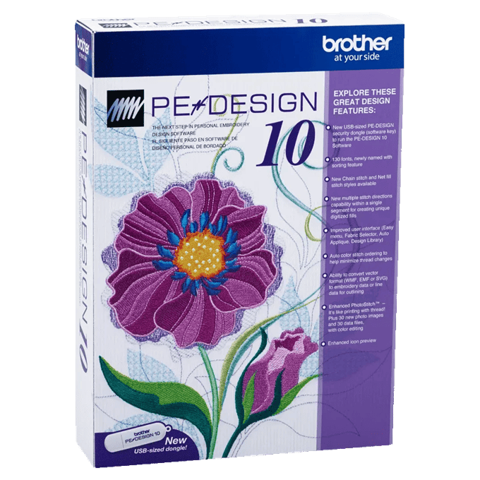Brother PE-Design 10 embroidery software box with floral design preview