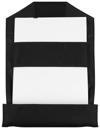 Open black carrying case with two white paper compartments and storage pocket