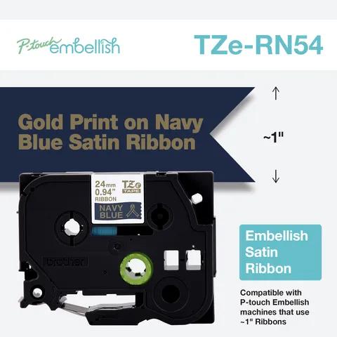 Brother TZe-RN54 embellish satin ribbon cartridge with gold print on navy blue, 24mm width