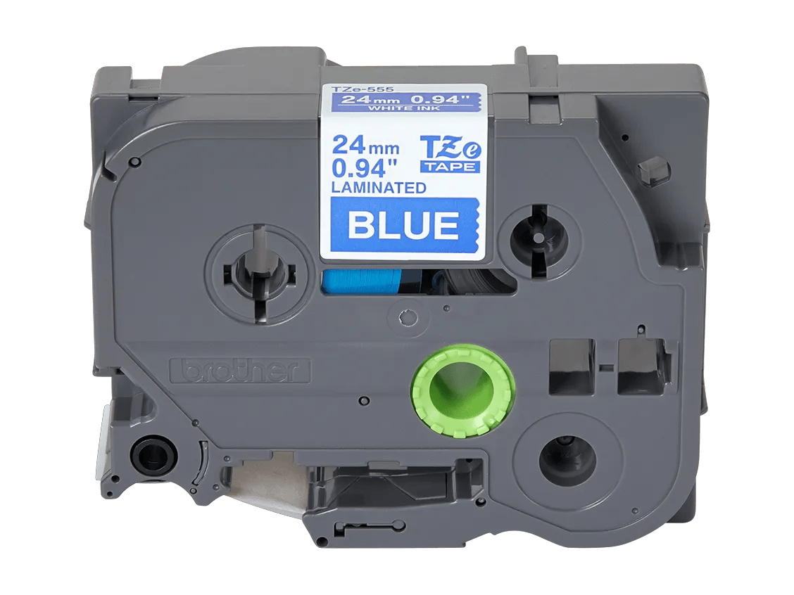 Brother TZe-555 24mm laminated label tape cartridge with white text on blue background