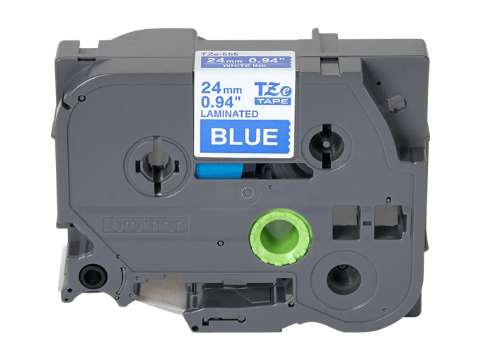Brother TZe-555 24mm laminated label tape cartridge with white text on blue background