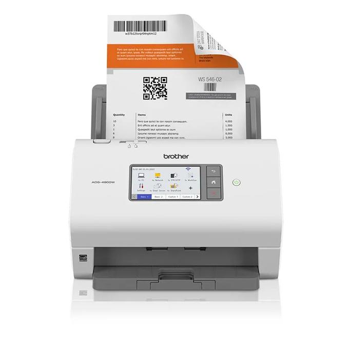 Brother ADS-4900W wireless document scanner with touchscreen and paper in feeder