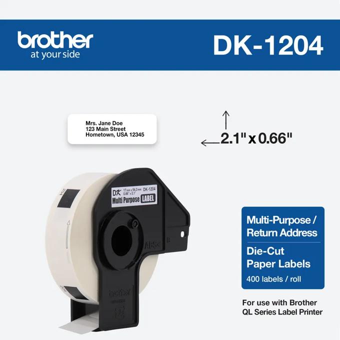 Brother DK-1204 multi-purpose die-cut paper labels on roll with cartridge, 400 labels per roll