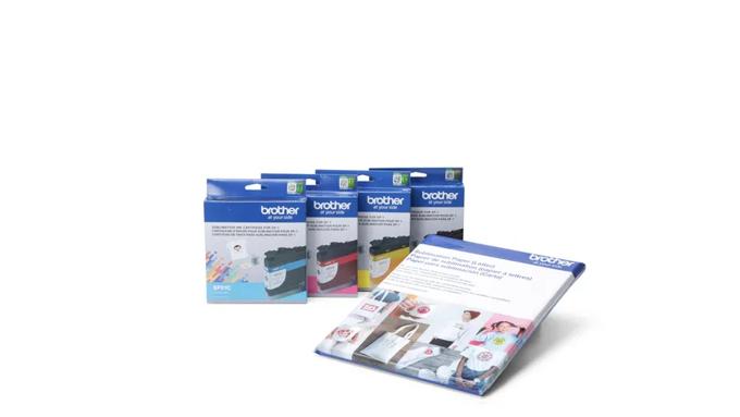 Brother sublimation ink cartridges in cyan, magenta, yellow, and black with starter pack