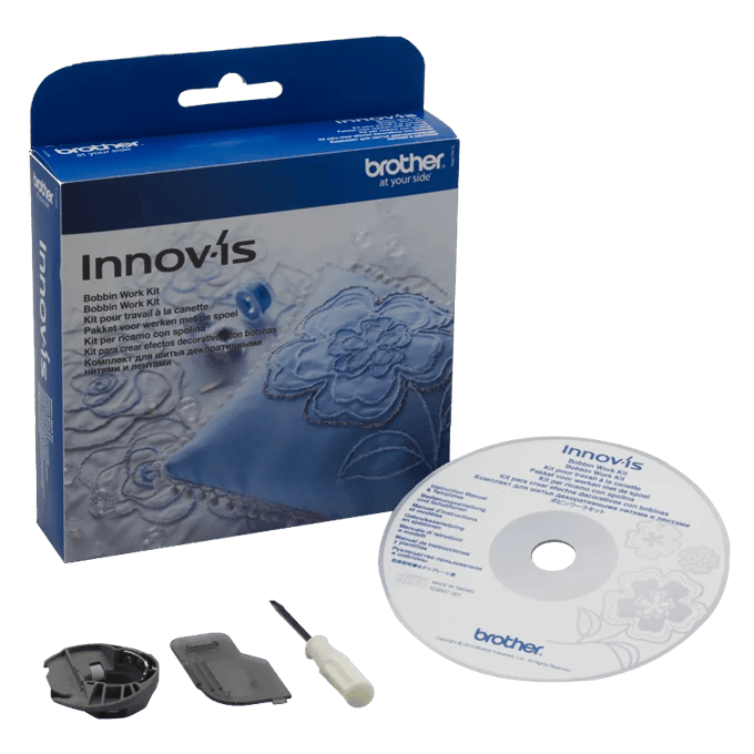 Brother Innov-is bobbin work kit with CD, bobbin case, and spool pin accessory
