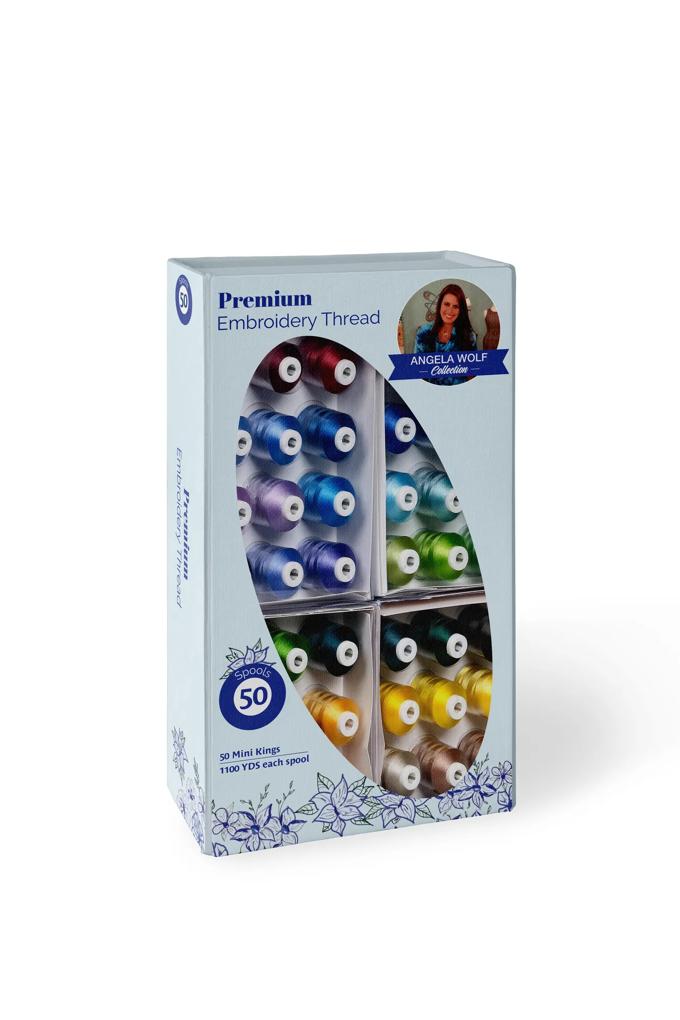 Brother premium embroidery thread kit with 50 colorful spools in organized display box